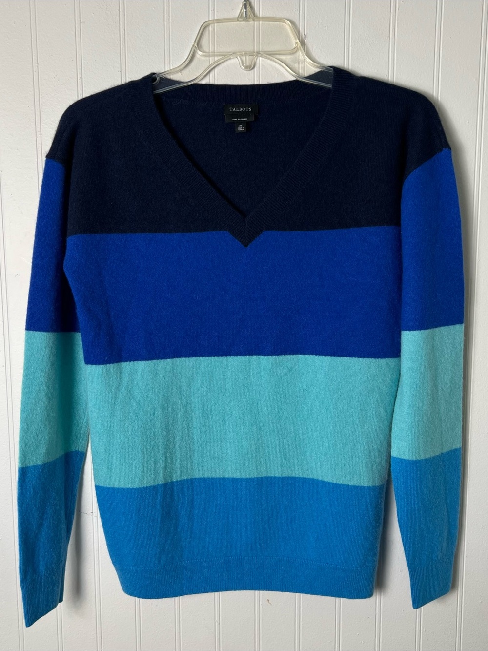 Talbots Size XS 100% Cashmere Sweater Blue Colorblock Stripe Fisherman Preppy